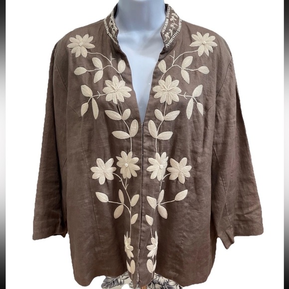 Chico's Women's 3/4 Sleeves Linen Cardigan Blazer Brown Size 3 Embellished - Picture 1 of 12